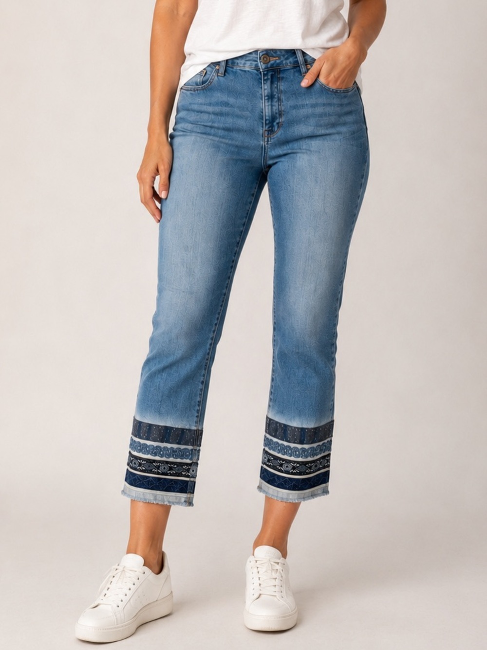 Laurie Felt Classic Stiletto Crop Jeans Embellished Hem Blue Size 14 Stretch